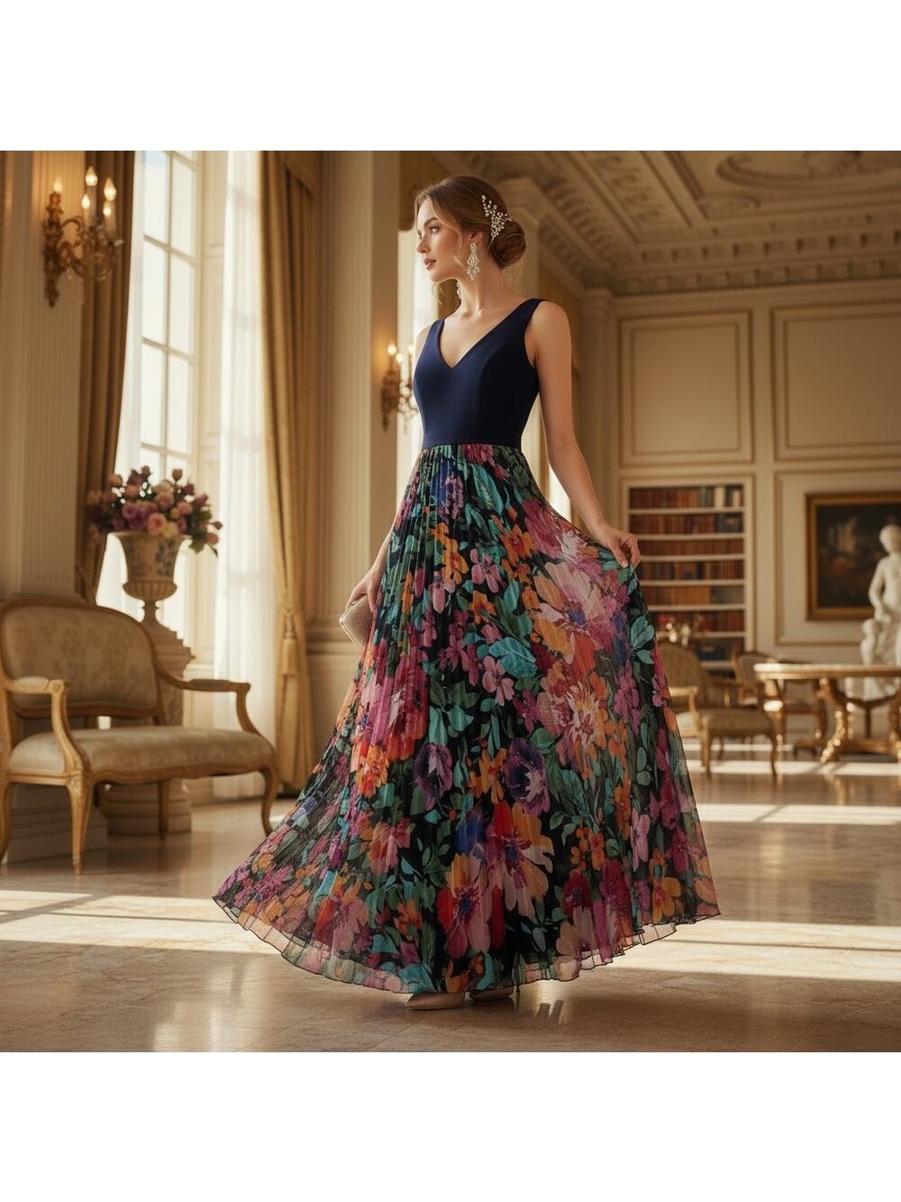 X by Xscape Evening Gown Size 4 NWT – Navy Blue & Multicolor Floral